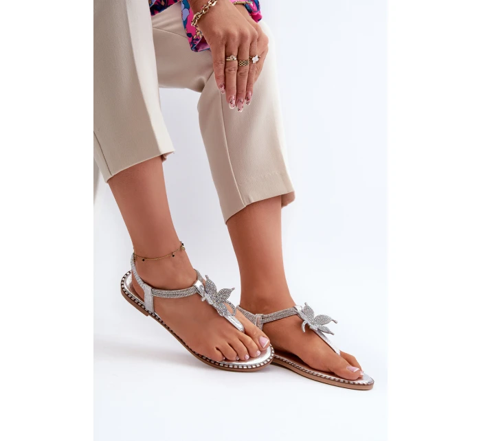 Dámské Ploché Sandály S Ozdobným Kvítkem Stříbrné Edoni Dámské Ploché Sandály S Ozdobným Kvítkem Stříbrné Edoni