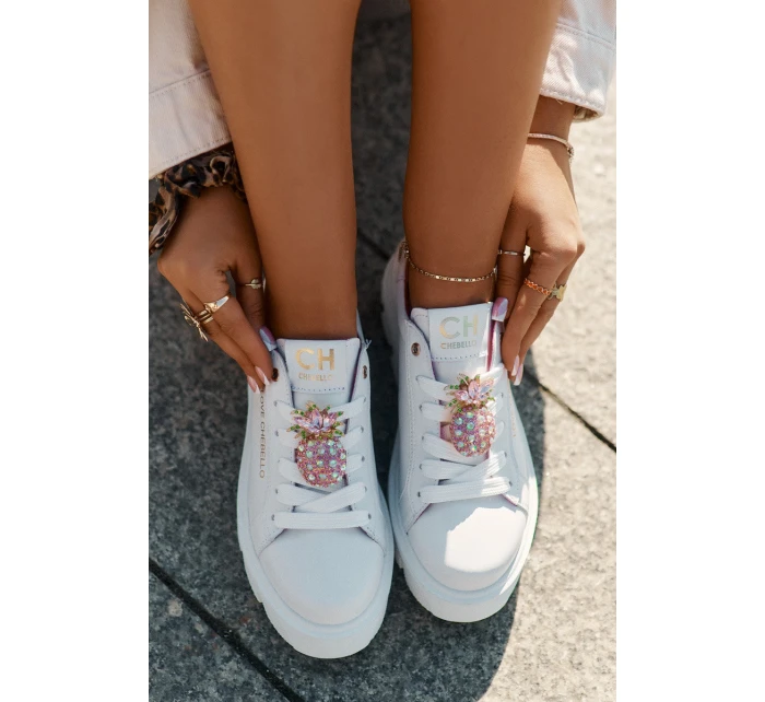 Kožené tenisky s ozdobnou broží ananas CheBello 4651 bílé