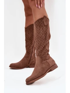 Dámské kozačky na ploché podrážce s vzorem  hnědé model 21713557 - S.Barski