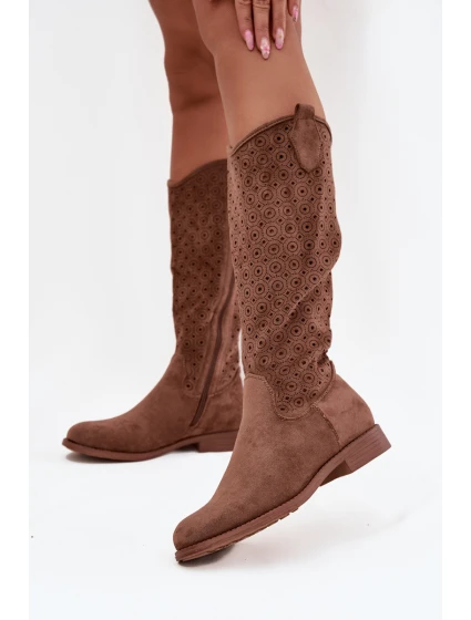 Dámské kozačky na ploché podrážce s vzorem  hnědé model 21713557 - S.Barski