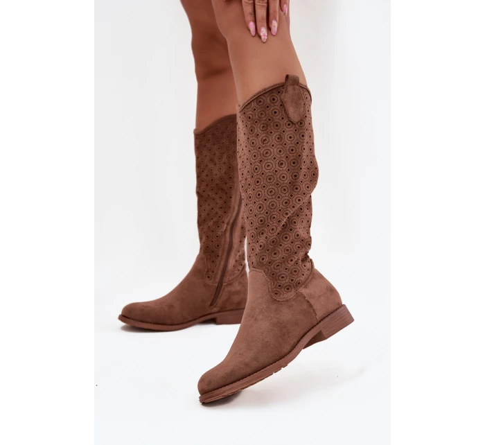 Dámské kozačky na ploché podrážce s vzorem  hnědé model 21713557 - S.Barski