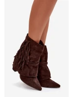 Dámské kotníkové boty na podpatku s třásněmi a zlatými přezkami čokoládové Evelisse Dámské kotníkové boty na podpatku s třásněmi a zlatými přezkami čokoládové Evelisse