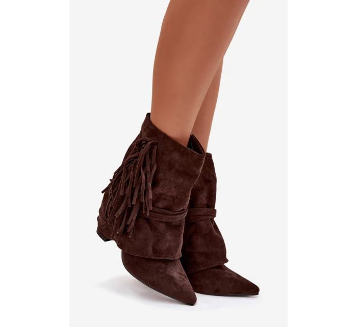 Dámské kotníkové boty na podpatku s třásněmi a zlatými přezkami čokoládové Evelisse Dámské kotníkové boty na podpatku s třásněmi a zlatými přezkami čokoládové Evelisse