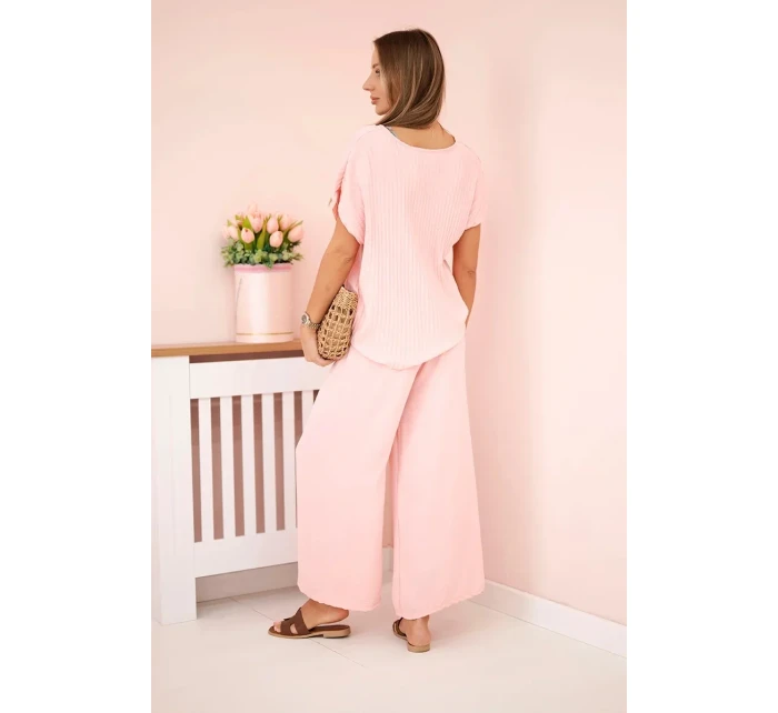 Viskózový komplet plisovaná halenka + kalhoty pudrově růžová Viskózový komplet plisovaná halenka + kalhoty pudrově růžová