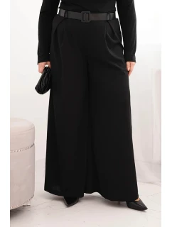 Dámské kalhoty Plus Size s širokou nohavicí a páskem černé