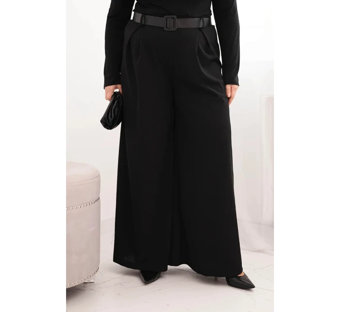 Dámské kalhoty Plus Size s širokou nohavicí a páskem černé