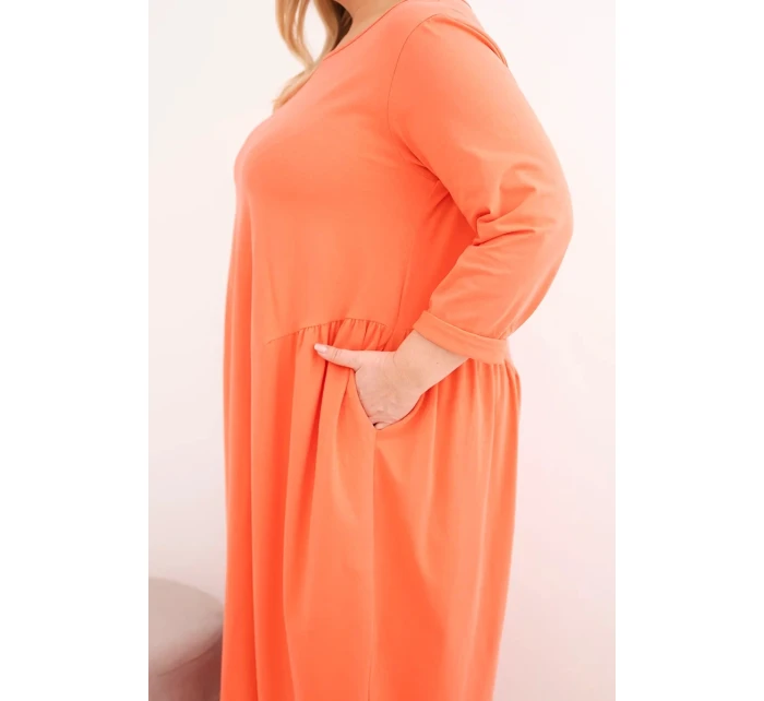 Dámská sukýnka Plus Size bavlněná s dlouhým rukávem a nařasením v pase meruňková