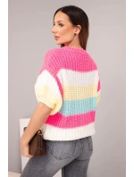 Dámský svetr s krátkým rukávem v barevných pruzích a otvorený růžový neon