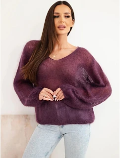 Dámský svetr z 70 % z s výstřihem do V volného střihu tmavě fialová model 22391350 - K-Fashion