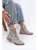 Kožené Vzorované Kotníkové Boty Na Ploché Podpatky model 21691368 Béžové - Maciejka