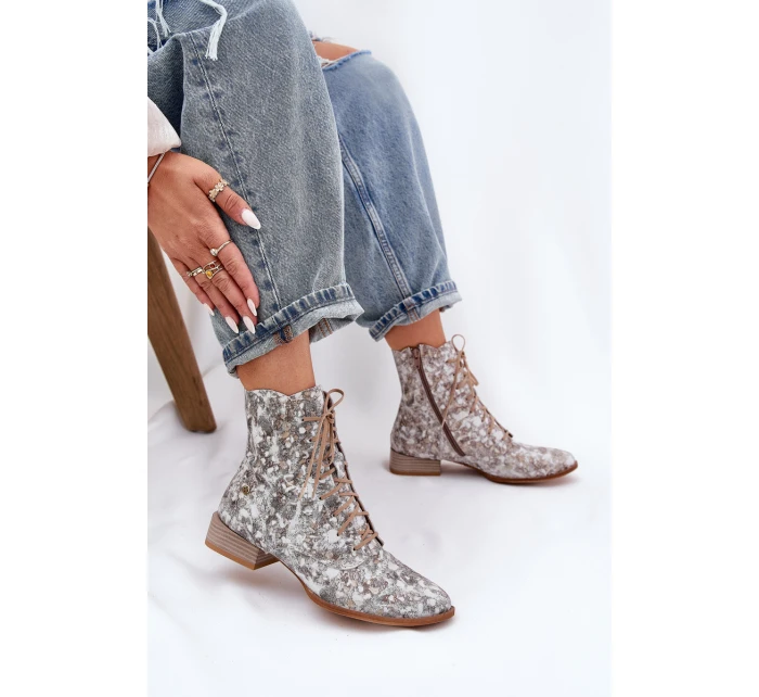 Kožené Vzorované Kotníkové Boty Na Ploché Podpatky model 21691368 Béžové - Maciejka