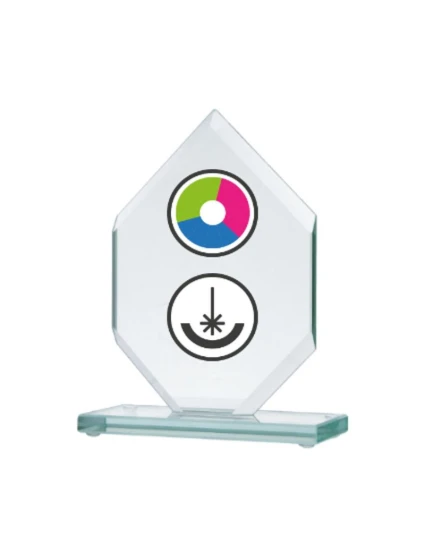Skleněná trofej s barevným potiskem LuxorJet, gravírováním a inkoustovou výplní