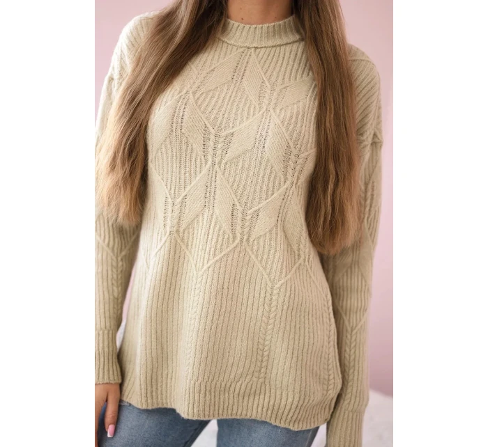 Svetr model 18970345 přes hlavu s módní vazbou béžový - K-Fashion Svetr model 18970345 přes hlavu s módní vazbou béžový - K-Fashion