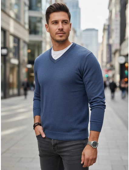 Pánský modrý svetr s výstřihem do V FashionStreet WX2317