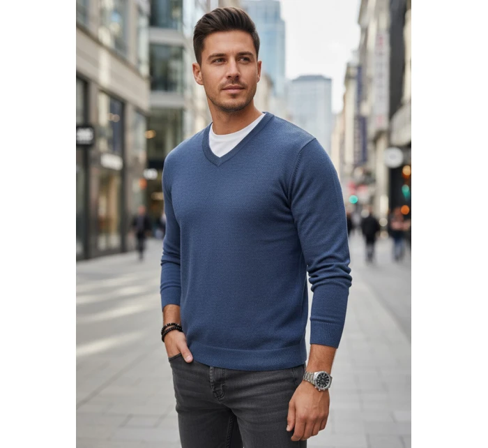 Pánský modrý svetr s výstřihem do V FashionStreet WX2317
