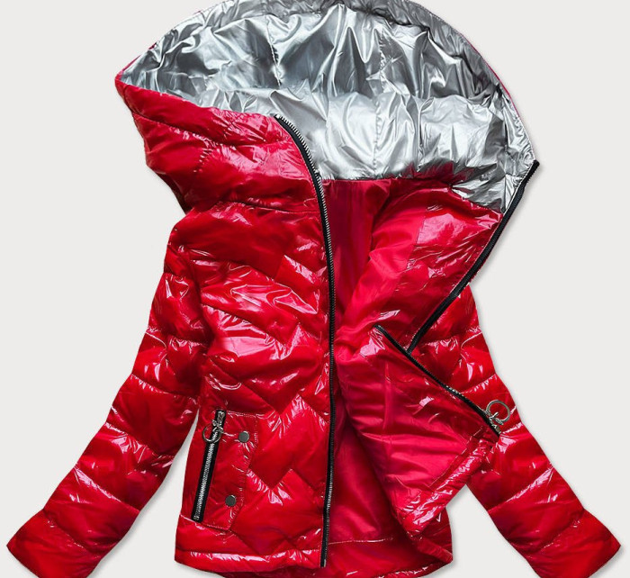 Červená prošívaná dámská bunda s kapucí (B9562)