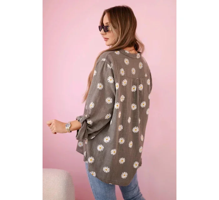 model 21911602 dámská halenka s květinovým vzorem, dlouhými rukávy a knoflíky khaki - K-Fashion