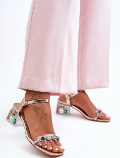 Dámské sandály na podpatku s krystaly zlaté SBarski