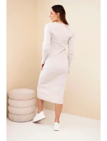 Dámská bavlněná šaty s dlouhým rukávem a dekoltem na knoflíky bežová