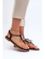 Dámské ploché sandály s ozdobnou květinou, Black Edoni Dámské ploché sandály s ozdobnou květinou, Black Edoni