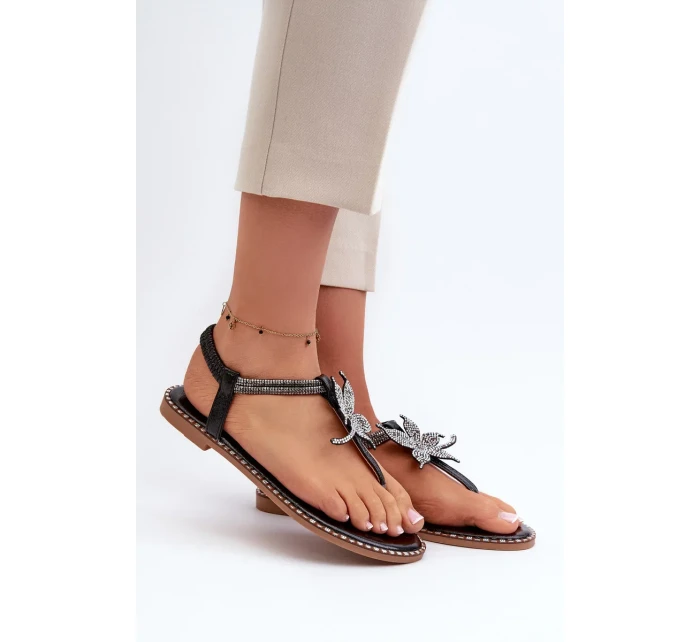 Dámské ploché sandály s ozdobnou květinou, Black Edoni Dámské ploché sandály s ozdobnou květinou, Black Edoni