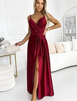 512-6 JULIET elegantní dlouhé saténové šaty s výstřihem a rozparkem na nohou - bordó