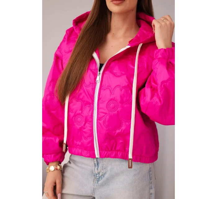 Dámská prošívaná bunda s kapucí a ozdobným květinovým model 21998370 fuchsie - K-Fashion
