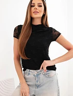 Dámská viskózová krajková halenka s krátkým rukávem a polo rolákem černá