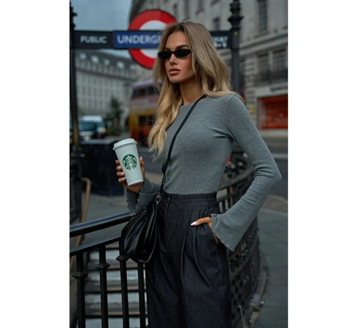 model 20476112 Žebrovaný top s dlouhými rukávy šedý melír - Moe