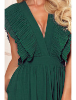 Dámské midi šaty v lahvově zelené barvě s volánky a dekoltem model 17202391 - numoco