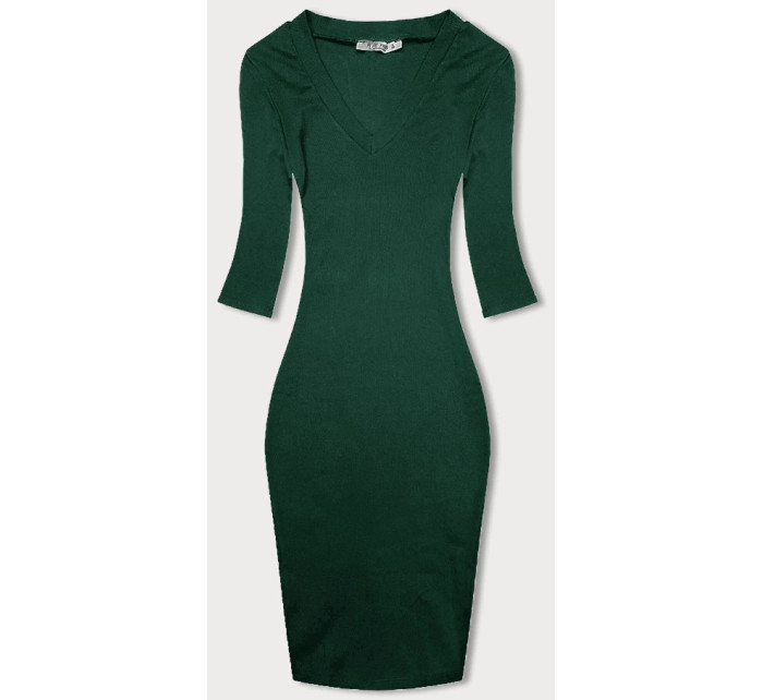 Vypasované žebrované dámské šaty v lahvově zelené barvě (5579-38)
