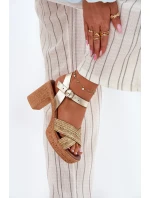 Kožené Sandály Na Podpatku S Pletením Na  Zlaté model 21697421 - Zazoo