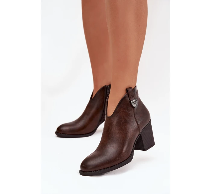 Zateplené dámské kotníkové boty na vysokém podpatku z eko kůže čokoládové talianské