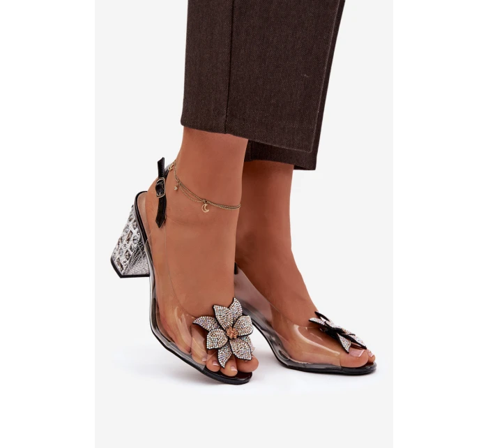 Průhledné sandály na podpatku s ozdobou model 21908408 černé - D&A