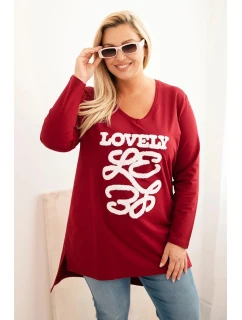 Dámská blůza Plus Size bavlněná s nápisem a V výstřihem bordó