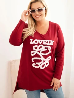 Dámská blůza Plus Size bavlněná s nápisem a V výstřihem bordó