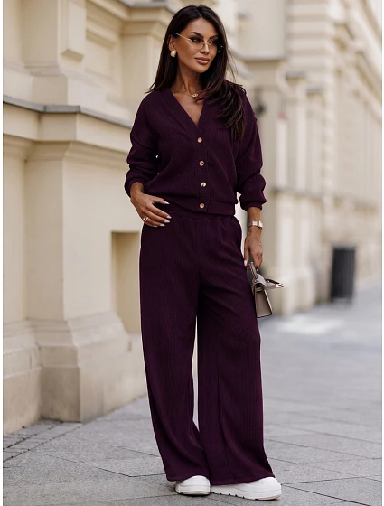 Dámský kordurový komplet s kardiganem v barvě lilku FashionStreet AY1233 Dámský kordurový komplet s kardiganem v barvě lilku FashionStreet AY1233