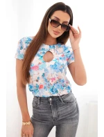 Dámská viskózová žebrovaná halenka s květinovým potiskem modrá