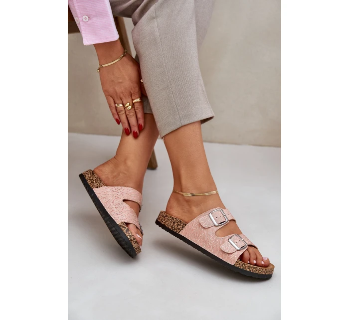 Textilové pantofle na korkové podrážce s přezkami růžové Atera Textilové pantofle na korkové podrážce s přezkami růžové Atera