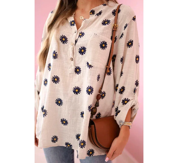 model 21911566 dámská halenka s květinovým vzorem, dlouhými rukávy a knoflíky Béžová - K-Fashion