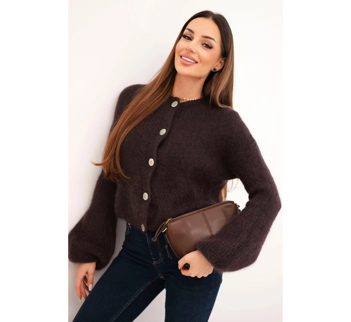Dámský svetr s mohérem na knoflíky s nafouknutým rukávem hnědý Dámský svetr s mohérem na knoflíky s nafouknutým rukávem hnědý