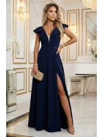 Dámské elegantní maxi šaty s volánky 660-1 tmavě modré - Numoco Dámské elegantní maxi šaty s volánky 660-1 tmavě modré - Numoco