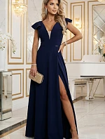 Dámské elegantní maxi šaty s volánky 660-1 tmavě modré - Numoco
