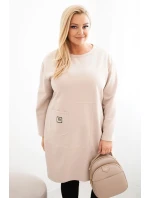 Dámské šaty Plus Size model 21486222 s kapsou a rukávem 3/4 béžový - K-Fashion