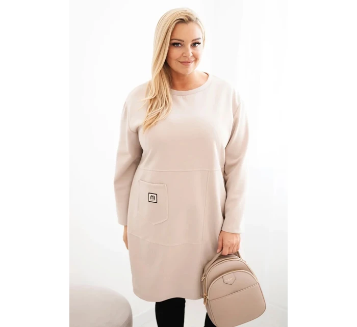 Dámské šaty Plus Size model 21486222 s kapsou a rukávem 3/4 béžový - K-Fashion