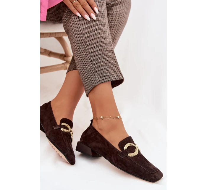 Dámské mokasíny z pravé semišové kůže se zlatým detailem D&A model 22031897 čokoládové - S.Barski