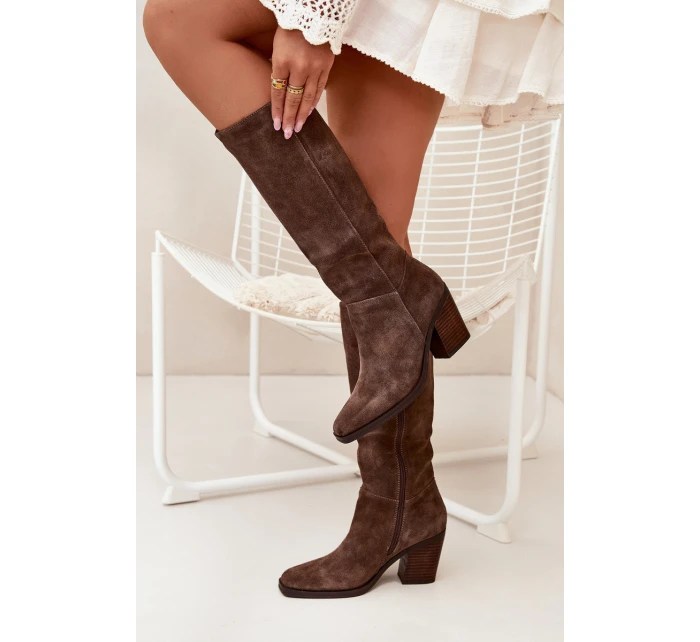 Dámské kozačky na sloupkovém podpatku se zipem Lissara – hnědé, eko semiš