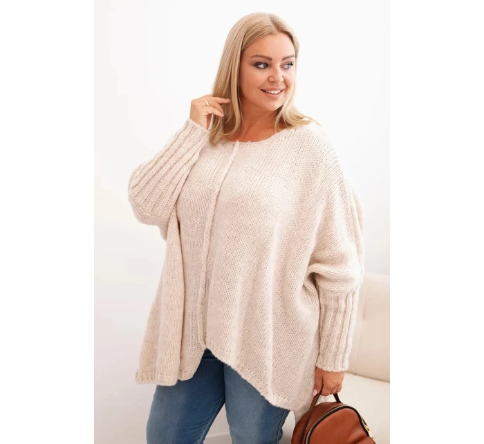 Dámský svetr Plus Size z model 21259040 volného střihu s rukávem 3/4 béžový - K-Fashion