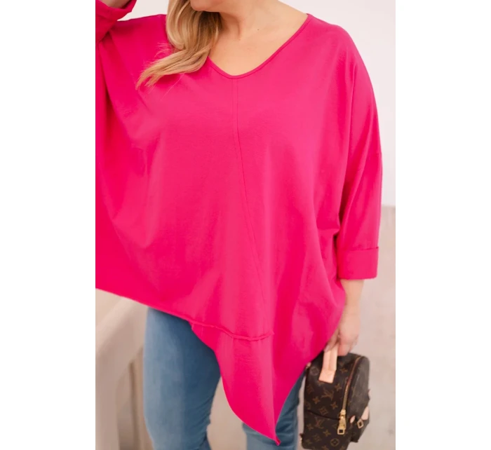 Dámská bavlněná blůza Plus Size s asymetrickým spodním lemem a výstřihem do V fuchsie