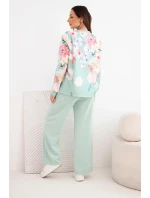 Dámský máslový viskózový komplet s květinami s širokou nohavicí tmavě mátová